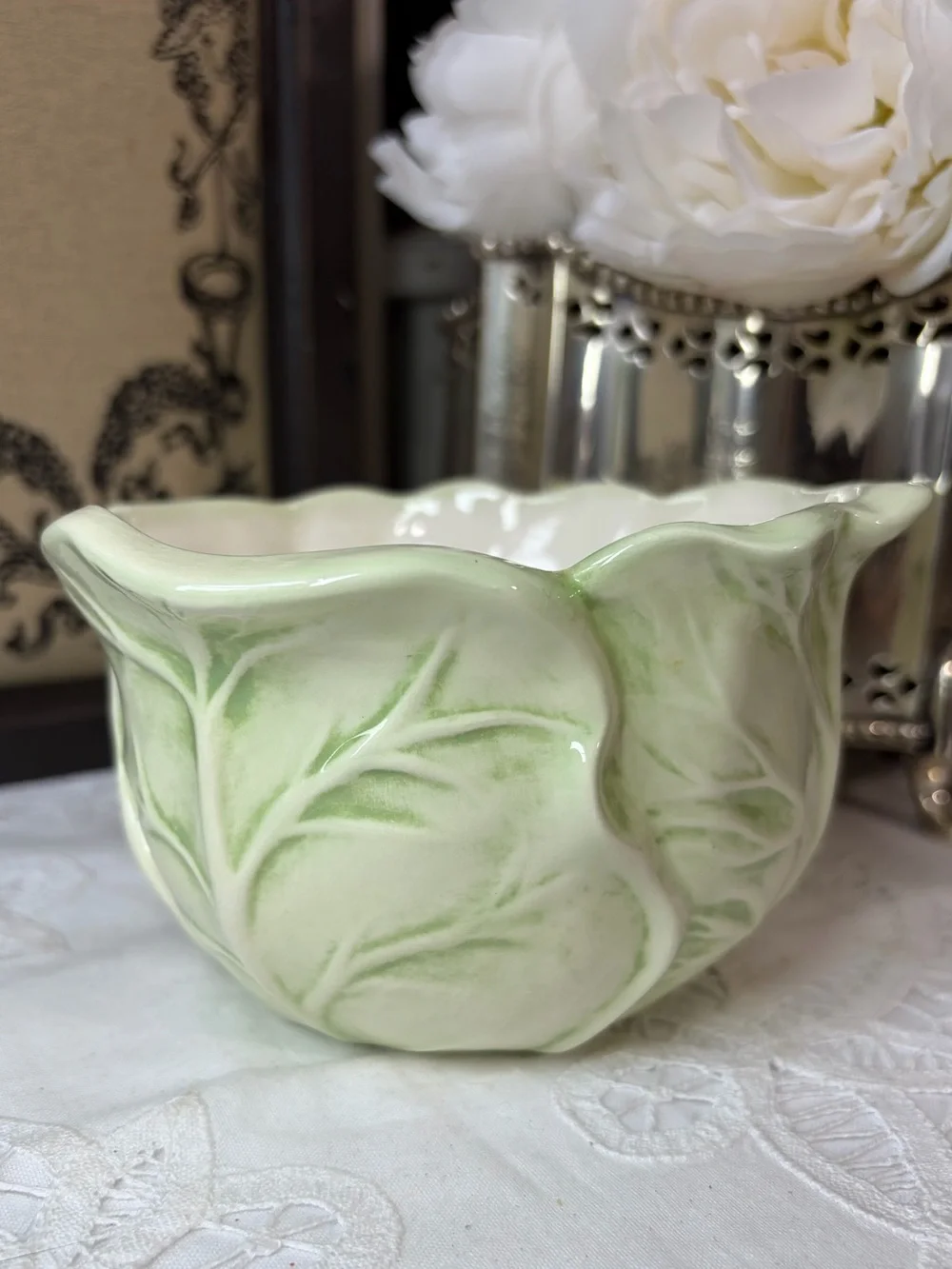 Green ceramic cabbage leaf bowl